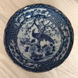 Andrea by Sadek‎ Blue and White Peacock Design Bowl Chinoiserie Handpainted